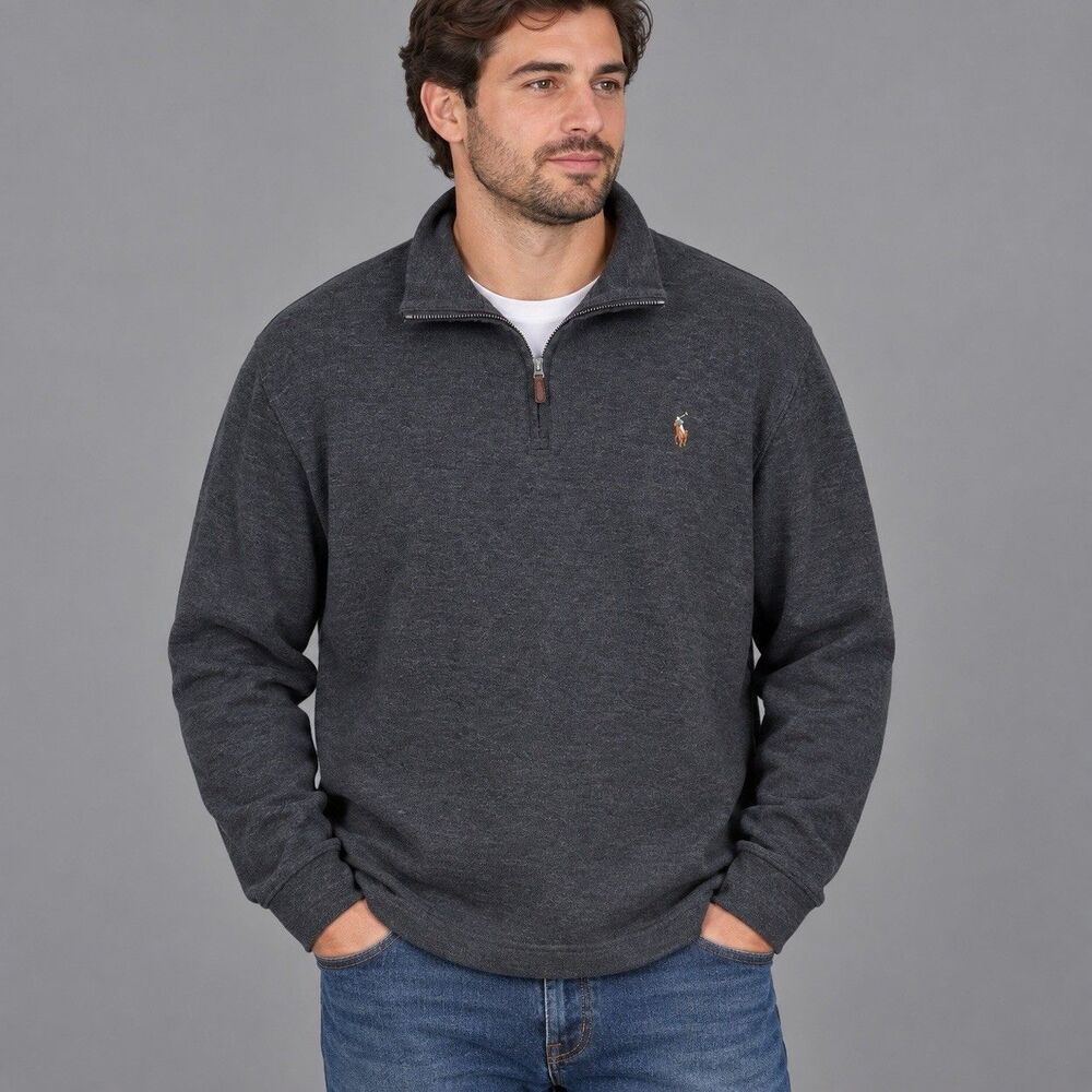 Polo Ralph Lauren Men's XL Estate Rib Charcoal Gray Quarter Zip Pullover Sweater